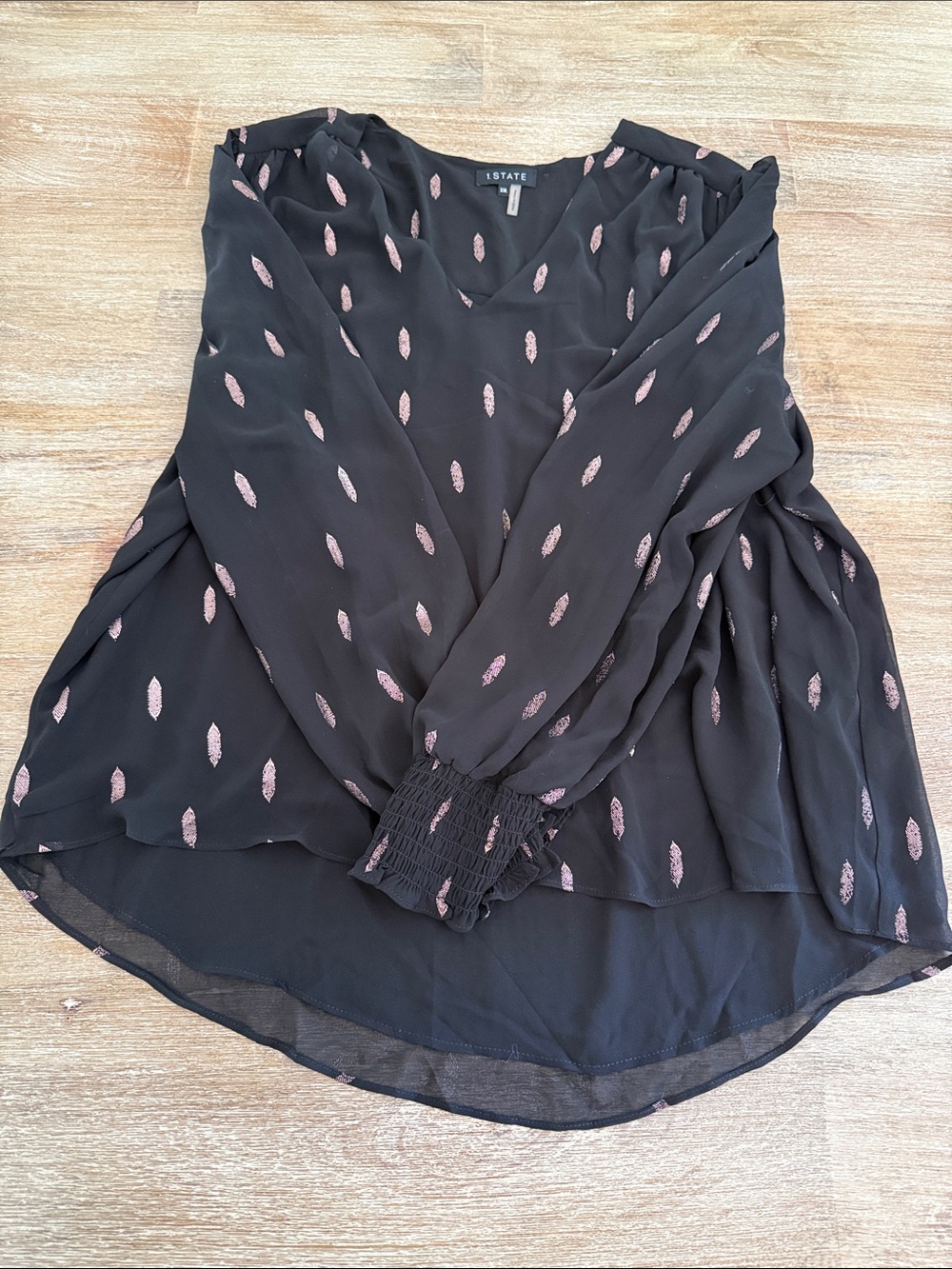 1. STATE Black Blouse with Pink Feather Print